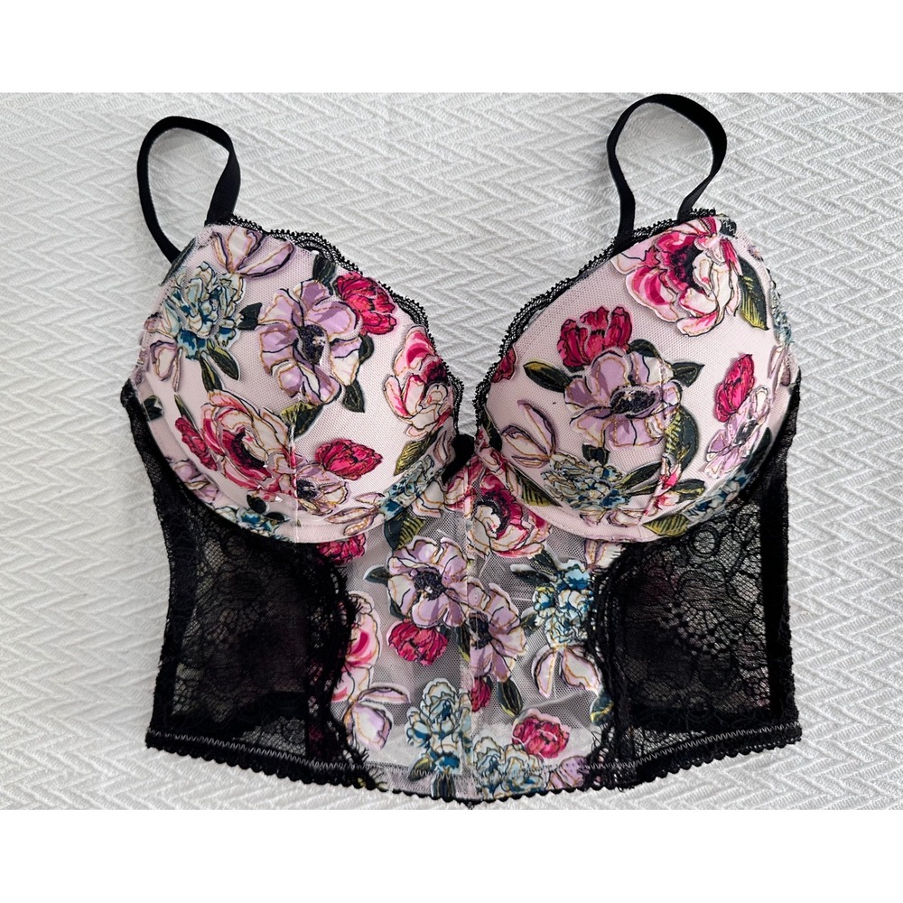 Victoria Secret Very Sexy Floral Lace Corset Pink Black 34B Whimsigoth Romantic